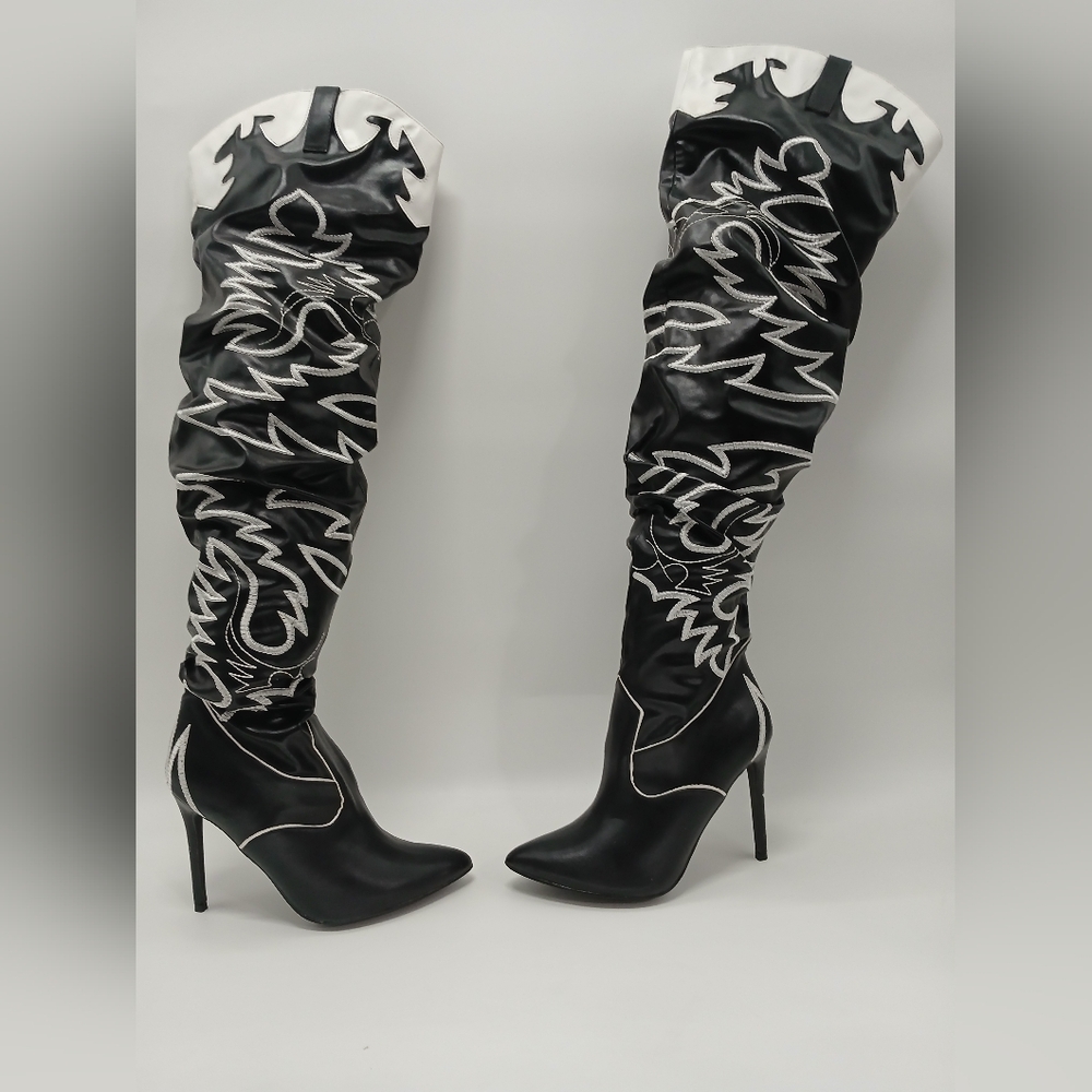 Black & white Thigh high cowboy boots, size 8